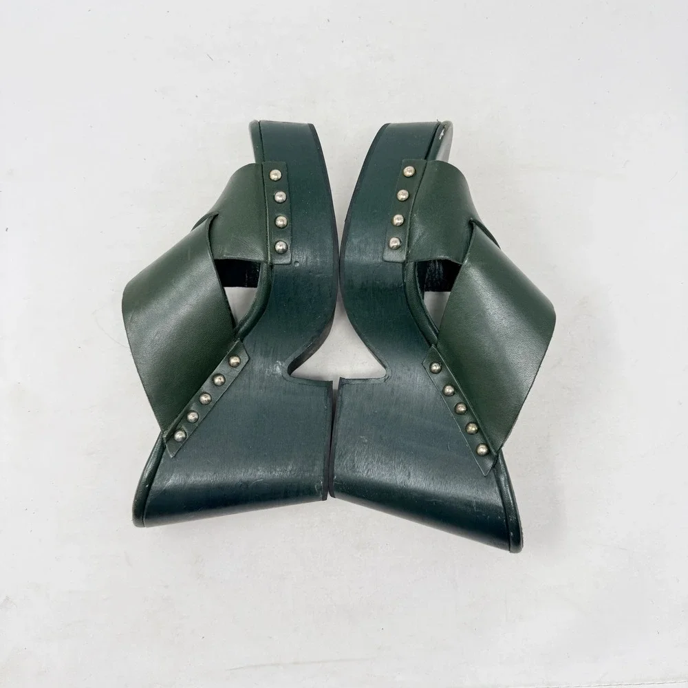 Uterque‎ Green Leather Platform Clog Sandals Studded Wood Heel EU 38 US 8